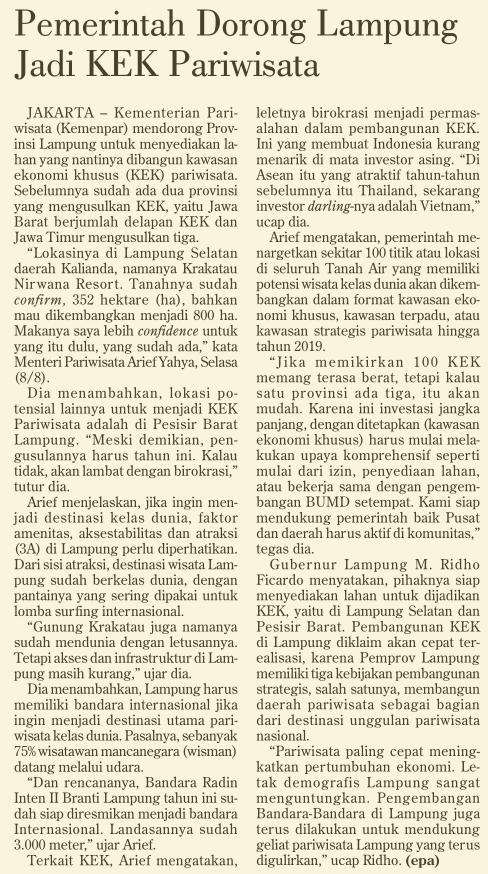 Judul Pemerintah Dorong Lampung Jadi KEK Pariwisata Tanggal Media Investor Daily (Halaman, 8)