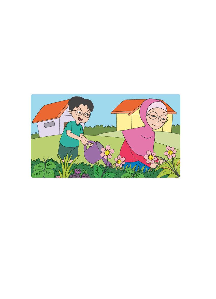 Merawat Tanaman Udin sedang membantu Ibu merawat tanaman. Setiap sore Udin bertugas menyiram tanaman. Udin melaksanakan tugasnya dengan senang. Udin merawat tanaman dengan baik.
