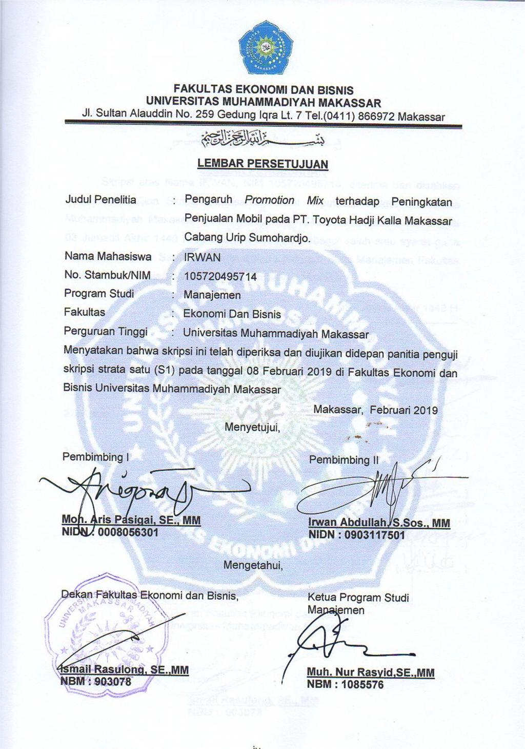 FAKULTAS EKONOMI DAN BISNIS UNIVERSITAS MUHAMMADIYAH MAKASSAR Jl. Sultan Alauddin No. 259 GedungIqra Lt. 7 Tel.(0411) 866972 Makassar 1.