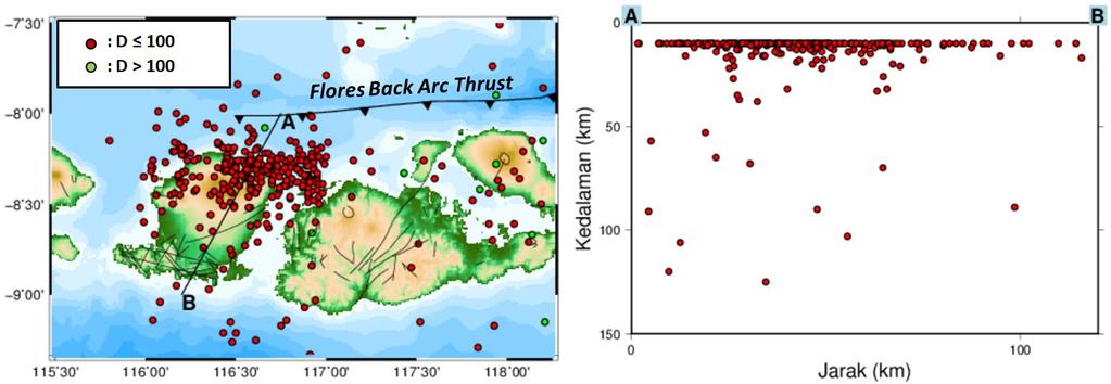 Identifikasi Struktur Bawah Permukaan 41 Gambar 1. Distribusi hiposentrum gempa tektonik di wilayah Pulau Lombok dan sekitarnya sebelum dilakukan relokasi. tukan secara tepat (Ratchkovsky dkk., 1998).