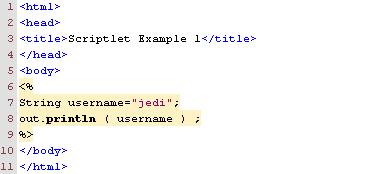 Jika anda ingin menggunakan karakter "%>" didalam scriptlet, tulislah "%\>" sebagai gantinya. Hal ini akan mencegah compiler dari penginterpretasian karakter sebagai penutup tag scriptlet.