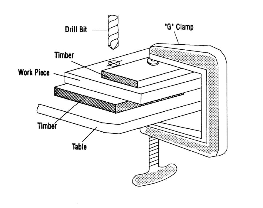 Bekerja dengan aman : Jepit pelat logam diantara papan kayu. Tempatkan pada meja kerja mesin bor. Jepit yang kuat dengan menggunakan klem penjepit, lihat gambar 3-7. Gambar 3-7.