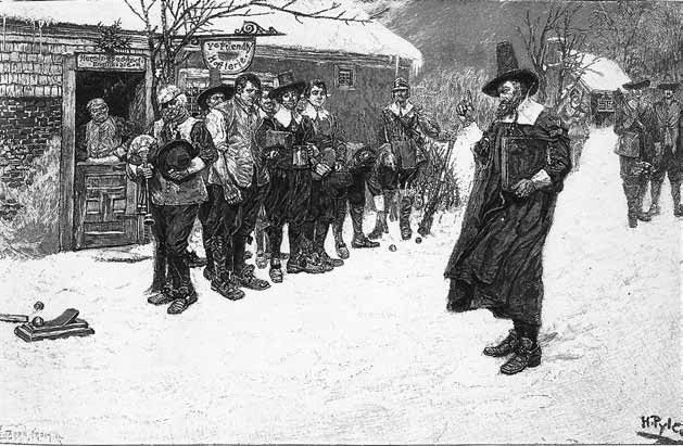 Seorang tetua Puritan (kanan) menghadapi orang-orang yang meminum ale (semacam bir) di luar kedai.