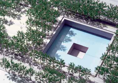 Atas, rancangan untuk World Trade Center Memorial di New York City digambarkan dalam foto ini adalah model yang diumumkan akhir 2004.