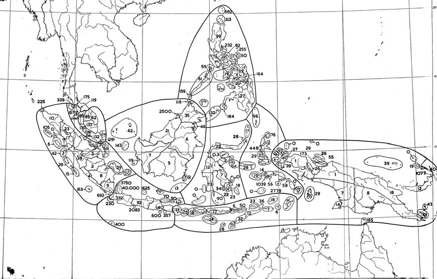 Gambar 1. Peta kerapatan nomor koleksi botani di Malesia s/d 1950 