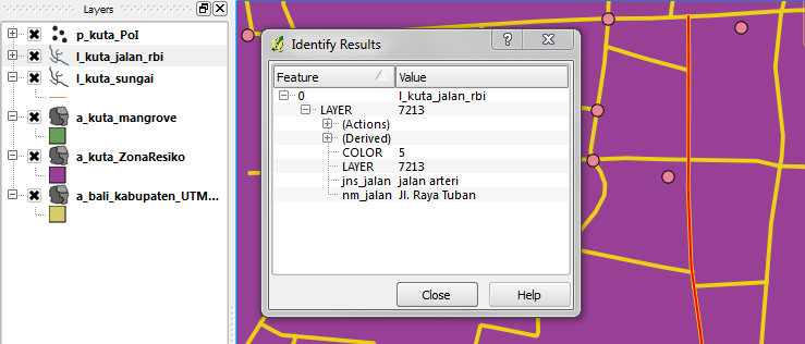 Pilih layer jalan dan klik dengan Identify tool pada satu jalan di peta. Lihat data attribute dari fiturnya di Identify Results Window. 4.