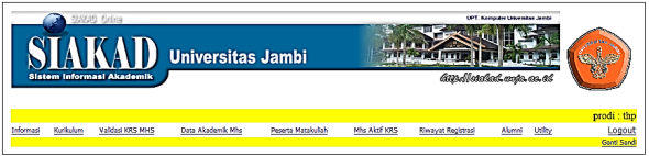 3. Maka tampil hal berikut : Terdiri dari menu - Informasi Laman ini menampilkan informasi mengenai program Siakad Universitas Jambi.
