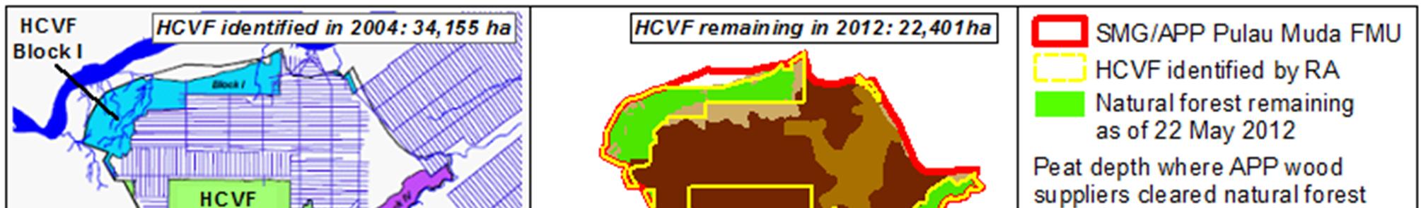 Citra satelit Landsat berkronologis menunjukkan bahwa pada 22 Mei 2012 APP sudah menghancurkan 1/3 (hampir 12.000 hektar) hutan HCVF dimana perusahaan telah berkomitmen untuk melindunginya (Peta 2).
