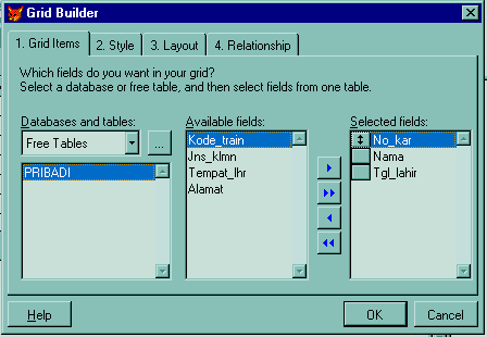 Modul Visual FoxPro 6.0- AMIK - Bina Sarana Informatika 111 3. Drag & drop kedalam form. 4. Klik kanan mouse pada grid. 5. Pilih Builder pada menu pop-up. 6. Klik tombol 7. Pilih Pribadi.