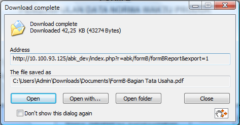 Kemudian muncul jendela Gambar 53. Tampilan Form B :: Download Complete i. Klik, untuk melihat hasil export ke PDF j.