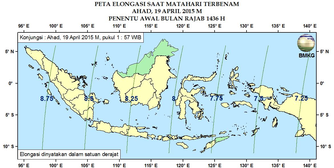 4. Peta Elongasi Pada Gambar 3 ditampilkan peta elongasi untuk pengamat di Indonesia saat matahari terbenam tanggal 19 April 2015.