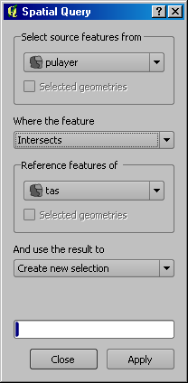 klik "Manage Plugins...". Pada formulir yang menampilkan, atur parameter berikut: - Atur Select source features from" ke "pulayer", - Atur "Where the feature" ke "Intersects", - Atur "Reference features of" ke "tas".
