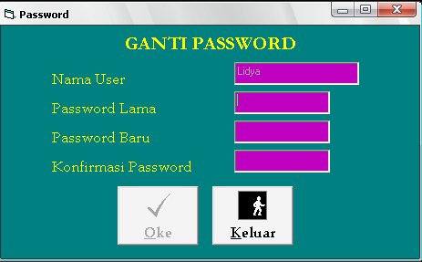 Gambar 5.1.17 Form Ganti Password Form ganti password terdiri dari nama user, password lama, password baru dan konfirmasi password.