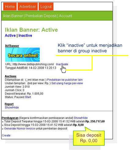 I. ACTIVE DAN INACTIVE BANNER Fasilitas active / inactive berguna bagi anda untuk menyimpan history banner anda di adpoint.