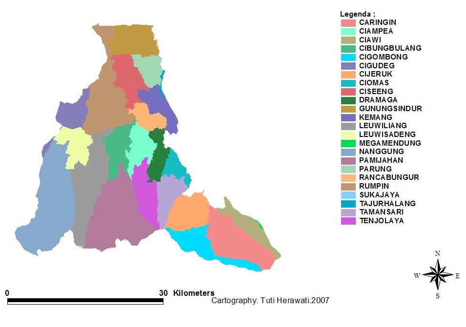 Analisis Spasial Tingkat Bahaya Erosi (T. Herawati) Gambar (Figure) 8. Peta kecamatan di DAS Cisadane (Map of sub distric in Cisadane watershead area) Tabel (Table) 7.