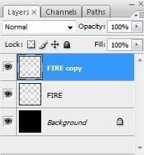 5. sembunyikan layer FIRE copy dengan mengklik icon mata pada layer tersebut sehingga icon tersebut hilang.