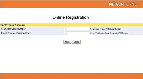 3) Isi no Kartu ATM Anda dan Verification Code yang ada pada struk ATM pada layar Online Registration.