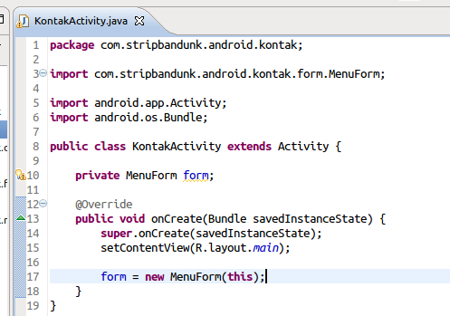 Ngedit KontakActivity Saat pertama kali bikin project, ada kelas yang bernama KontakActivity, itu adalah kelas utama yang dijalankan saat aplikasi jalan di Android. Sekarang kita edit kelasnya.
