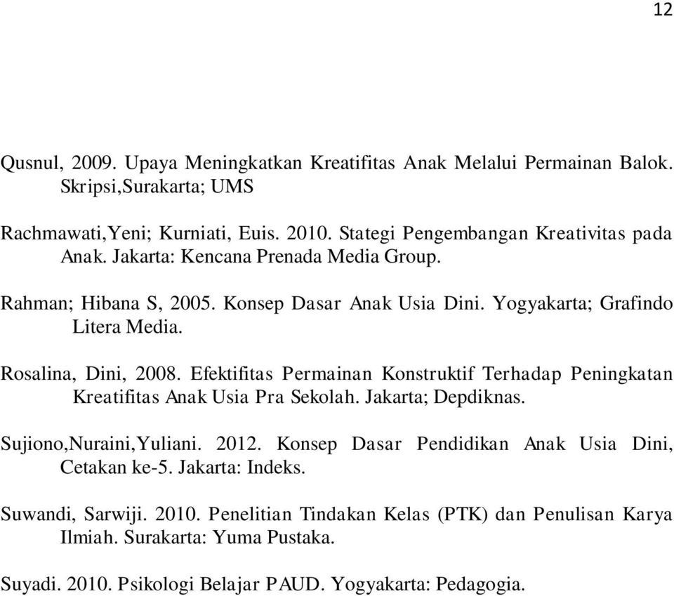 Rosalina, Dini, 2008. Efektifitas Permainan Konstruktif Terhadap Peningkatan Kreatifitas Anak Usia Pra Sekolah. Jakarta; Depdiknas. Sujiono,Nuraini,Yuliani. 2012.