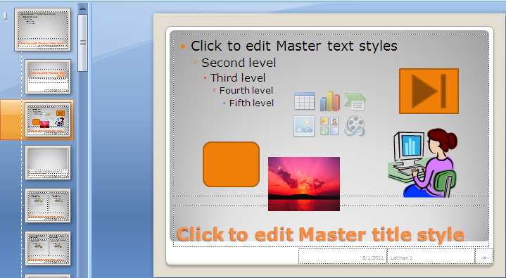 Sesuaikan layout slide yang akan dibuat 4. Buat bentuk yang ingin dimunculkan (Shape, Clip Art dll.). 5. Terakhir klik tombol Close Master View. J.