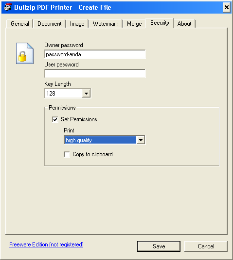 Tab SECURITY. Pada field Owner Password anda bisa memberikan password agar tidak ada orang yang bisa melakukan editing terhadap file PDF anda.