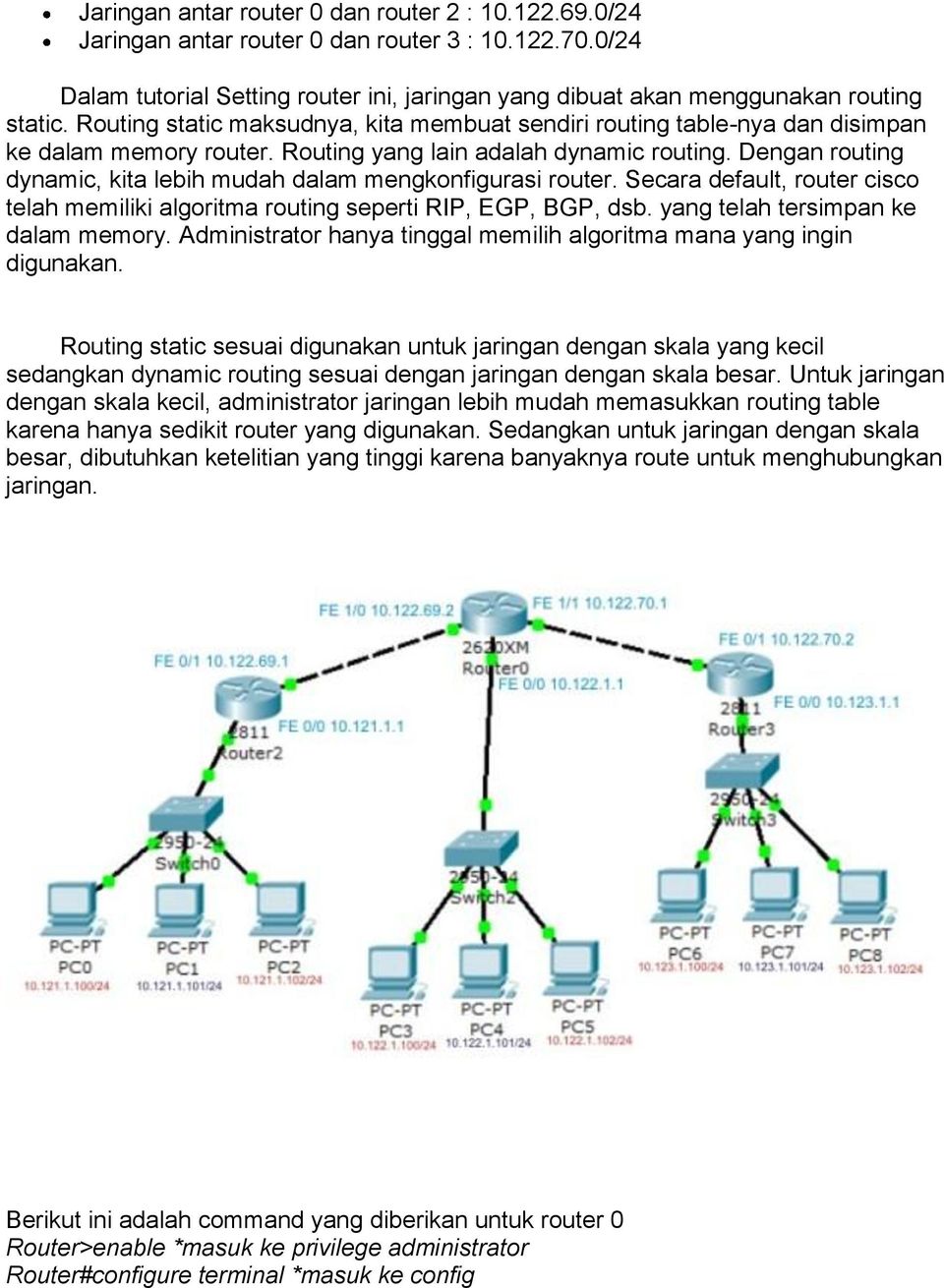 Dengan routing dynamic, kita lebih mudah dalam mengkonfigurasi router. Secara default, router cisco telah memiliki algoritma routing seperti RIP, EGP, BGP, dsb. yang telah tersimpan ke dalam memory.