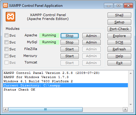 Gambar Senayan berada di bawah xampp\htdocs 8. Sekarang pastikan Apache dan MySql telah berjalan. Klik tombol Start > All Programs > XAMPP for Windows > XAMPP Control Panel.