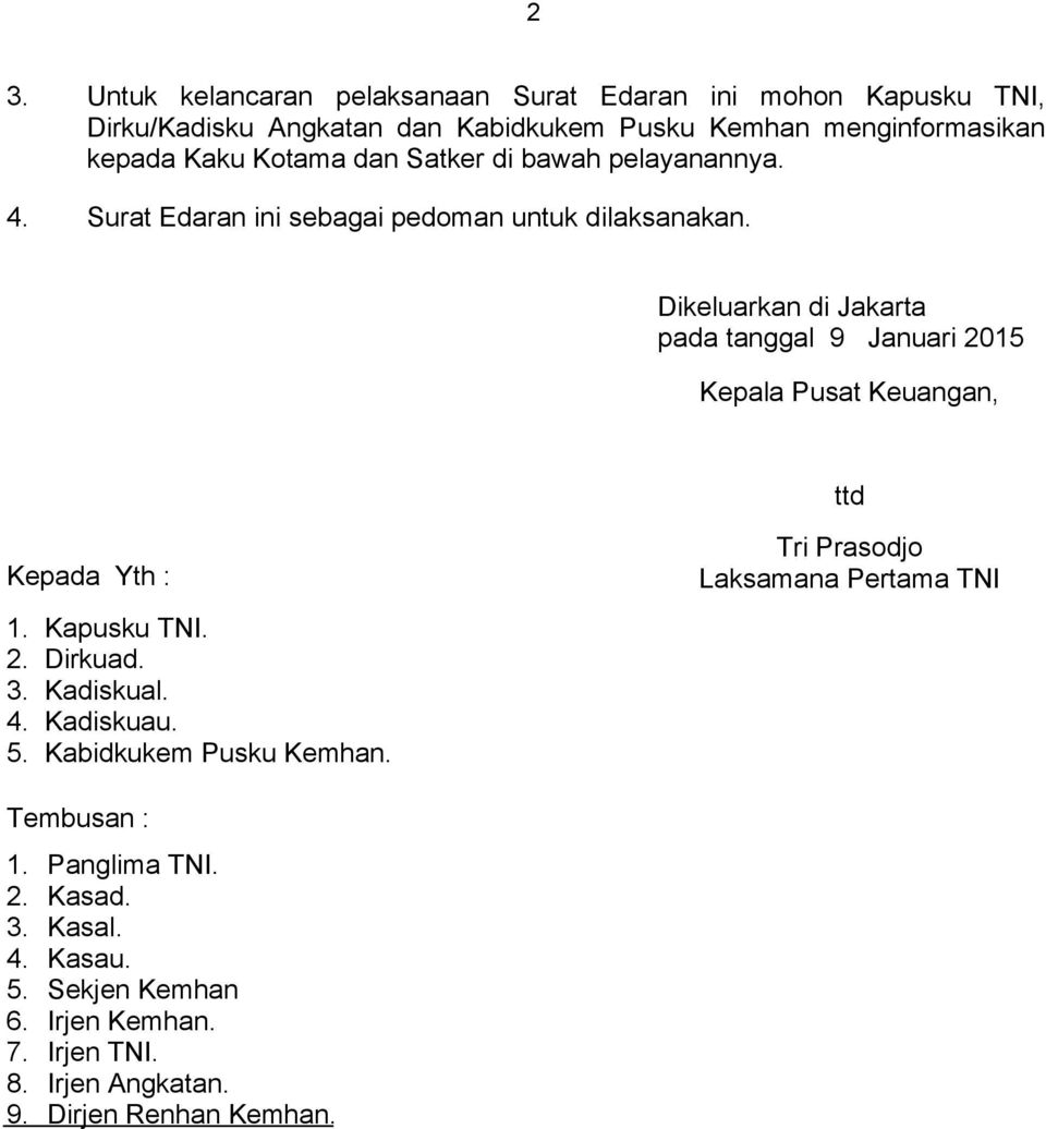 Dikeluarkan di Jakarta pada tanggal 9 Januari 2015 ttd Kepada Yth : Tri Prasodjo Laksamana Pertama TNI Kapusku TNI. Dirkuad. Kadiskual. Paraf : 4. Kadiskuau. Paraf : 5.