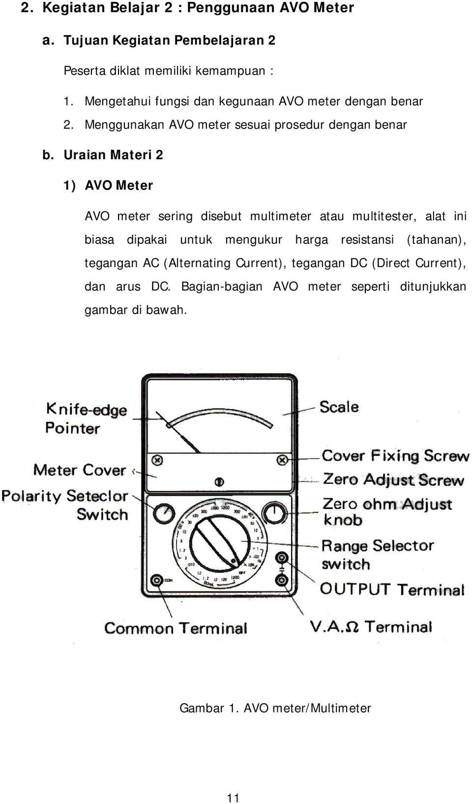 Uraian Materi 2 1) AVO Meter AVO meter sering disebut multimeter atau multitester, alat ini biasa dipakai untuk mengukur harga resistansi
