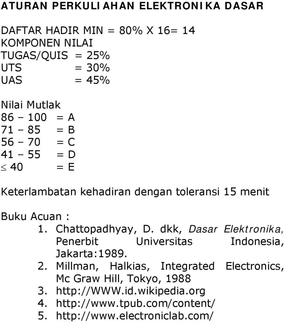Chattopadhyay, D. dkk, Dasar Elektronika, Penerbit Universitas Indonesia, Jakarta:1989. 2.