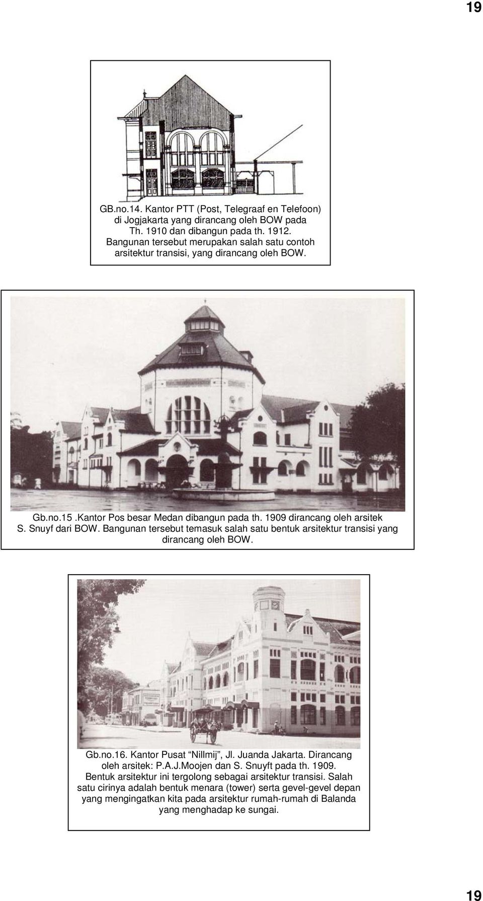 Bangunan tersebut temasuk salah satu bentuk arsitektur transisi yang dirancang oleh BOW. Gb.no.16. Kantor Pusat Nillmij, Jl. Juanda Jakarta. Dirancang oleh arsitek: P.A.J.Moojen dan S.