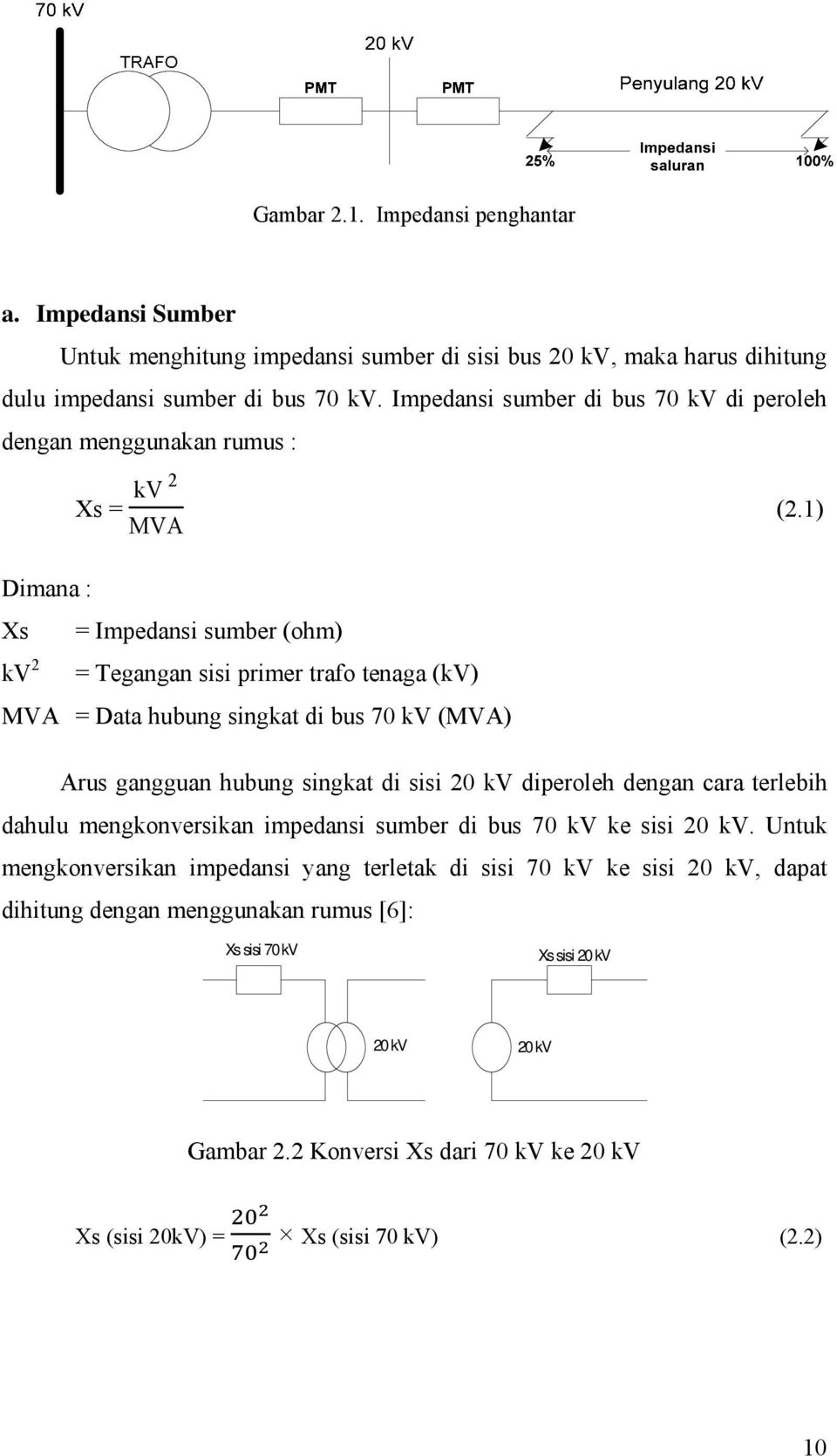 1) MVA Dimana : Xs = Impedansi sumber (ohm) kv 2 = Tegangan sisi primer trafo tenaga (kv) MVA = Data hubung singkat di bus 70 kv (MVA) Arus gangguan hubung singkat di sisi 20 kv diperoleh