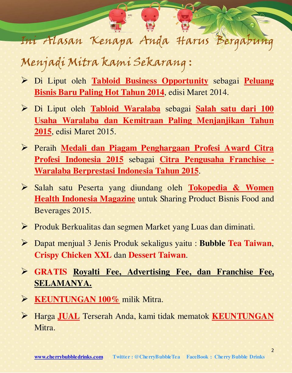 Peraih Medali dan Piagam Penghargaan Profesi Award Citra Profesi Indonesia 2015 sebagai Citra Pengusaha Franchise - Waralaba Berprestasi Indonesia Tahun 2015.