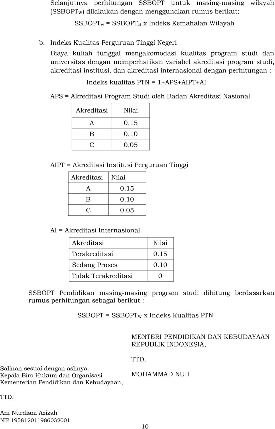 akreditasi internasional dengan perhitungan : Indeks kualitas PTN = 1+APS+AIPT+AI APS = Akreditasi Program Studi oleh Badan Akreditasi Nasional Akreditasi Nilai A 0.15 B 0.10 C 0.