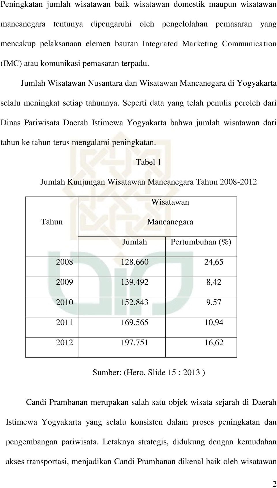 Seperti data yang telah penulis peroleh dari Dinas Pariwisata Daerah Istimewa Yogyakarta bahwa jumlah wisatawan dari tahun ke tahun terus mengalami peningkatan.