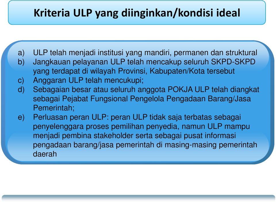 telah diangkat sebagai Pejabat Fungsional Pengelola Pengadaan Barang/Jasa Pemerintah; e) Perluasan peran ULP: peran ULP tidak saja terbatas sebagai
