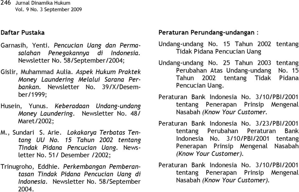 Newsletter No. 48/ Maret/2002; M., Sundari S. Arie. Lokakarya Terbatas Tentang UU No. 15 Tahun 2002 tentang Tindak Pidana Pencucian Uang. Newsletter No. 51/ Desember /2002; Trinugroho, Eddhie.
