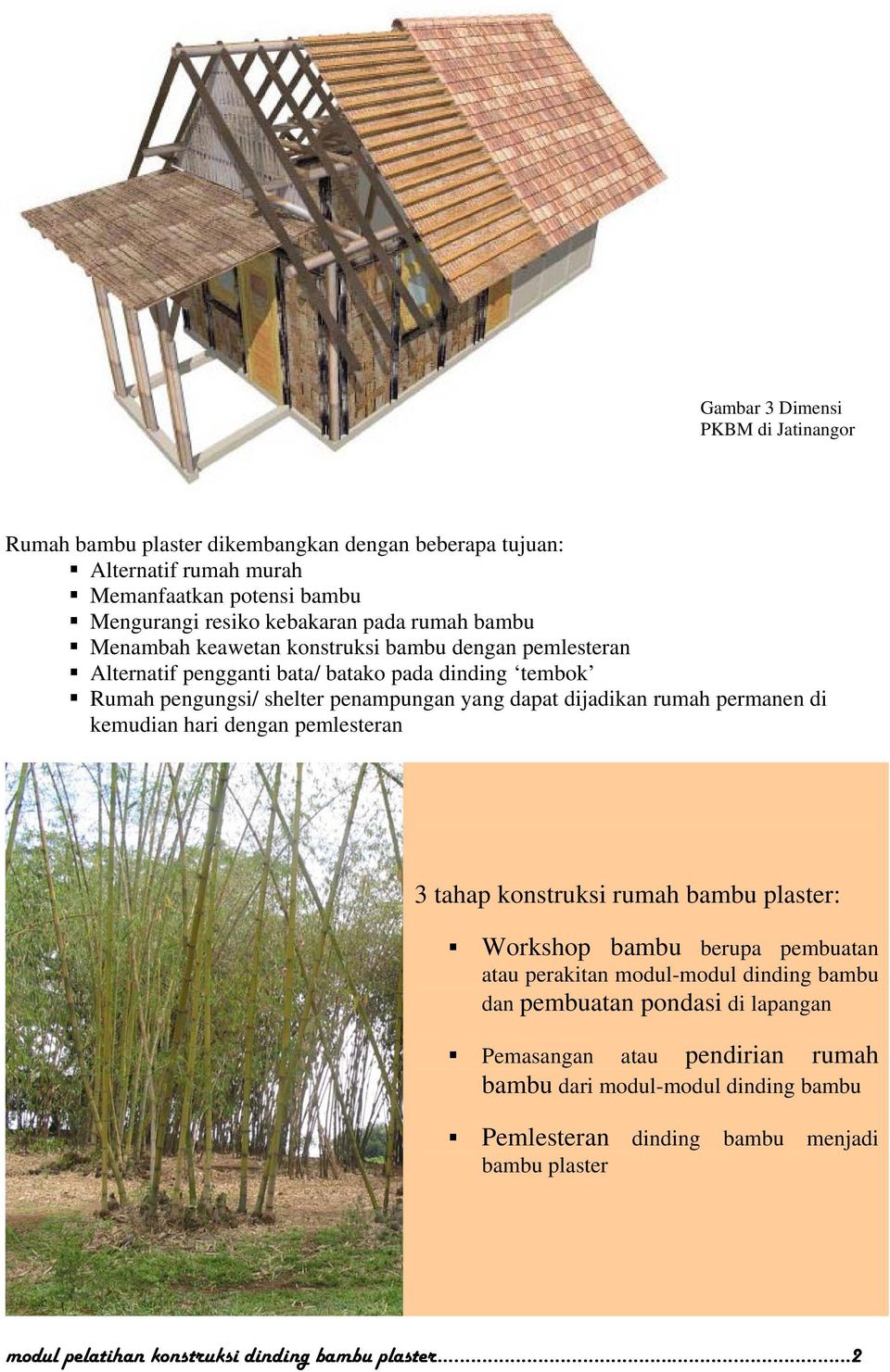 permanen di kemudian hari dengan pemlesteran 3 tahap konstruksi rumah bambu plaster: Workshop bambu berupa pembuatan atau perakitan modul-modul dinding bambu dan pembuatan