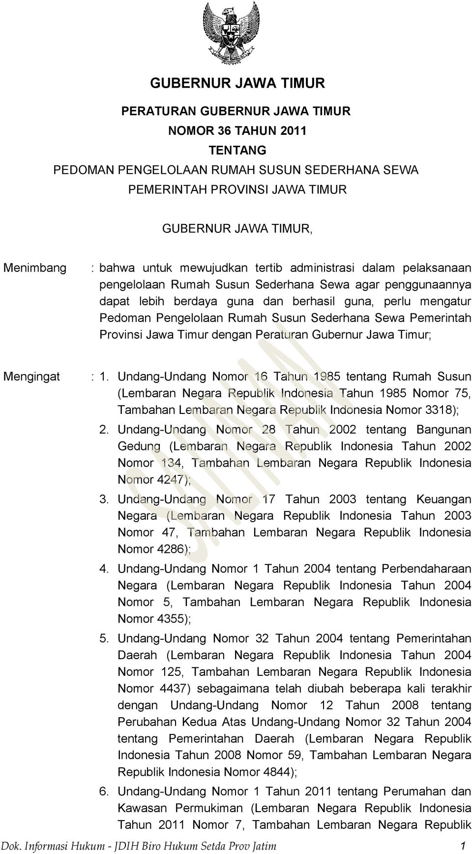 Susun Sederhana Sewa Pemerintah Provinsi Jawa Timur dengan Peraturan Gubernur Jawa Timur; Mengingat : 1.