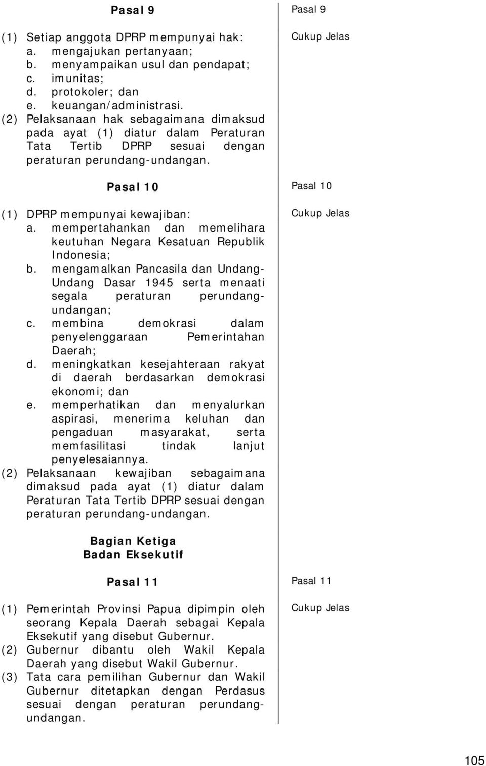 Pasal 10 Pasal 10 (1) DPRP mempunyai kewajiban: Cukup Jelas a. mempertahankan dan memelihara keutuhan Negara Kesatuan Republik Indonesia; b.