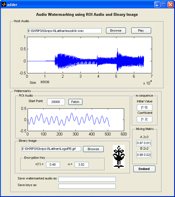 Lokalisasi Kerusakan Watermarked audio diserang dengan white noise sepanjang 0.008018 detik menggunakan Audacity.