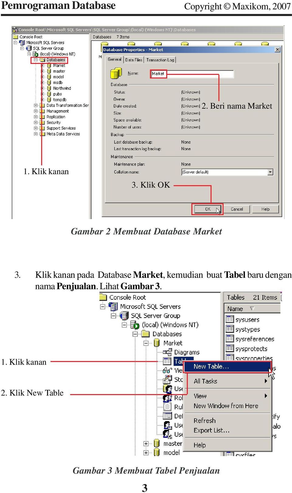 Klik kanan pada Database Market, kemudian buat Tabel baru