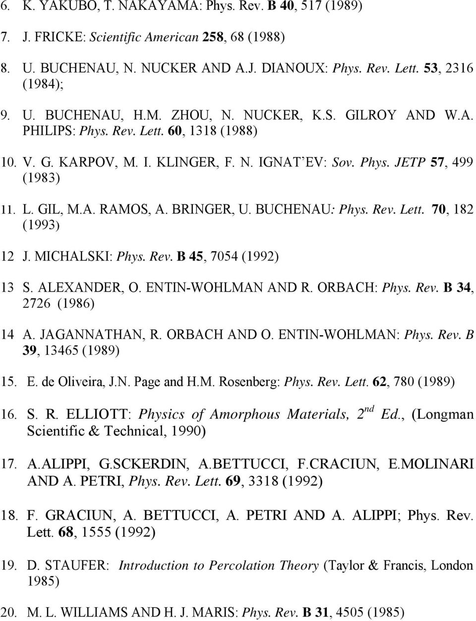 BRINGER, U. BUCHENAU: Phys. Rev. Lett. 70, 182 (1993) 12 J. MICHALSKI: Phys. Rev. B 45, 7054 (1992) 13 S. ALEXANDER, O. ENTIN-WOHLMAN AND R. ORBACH: Phys. Rev. B 34, 2726 (1986) 14 A. JAGANNATHAN, R.