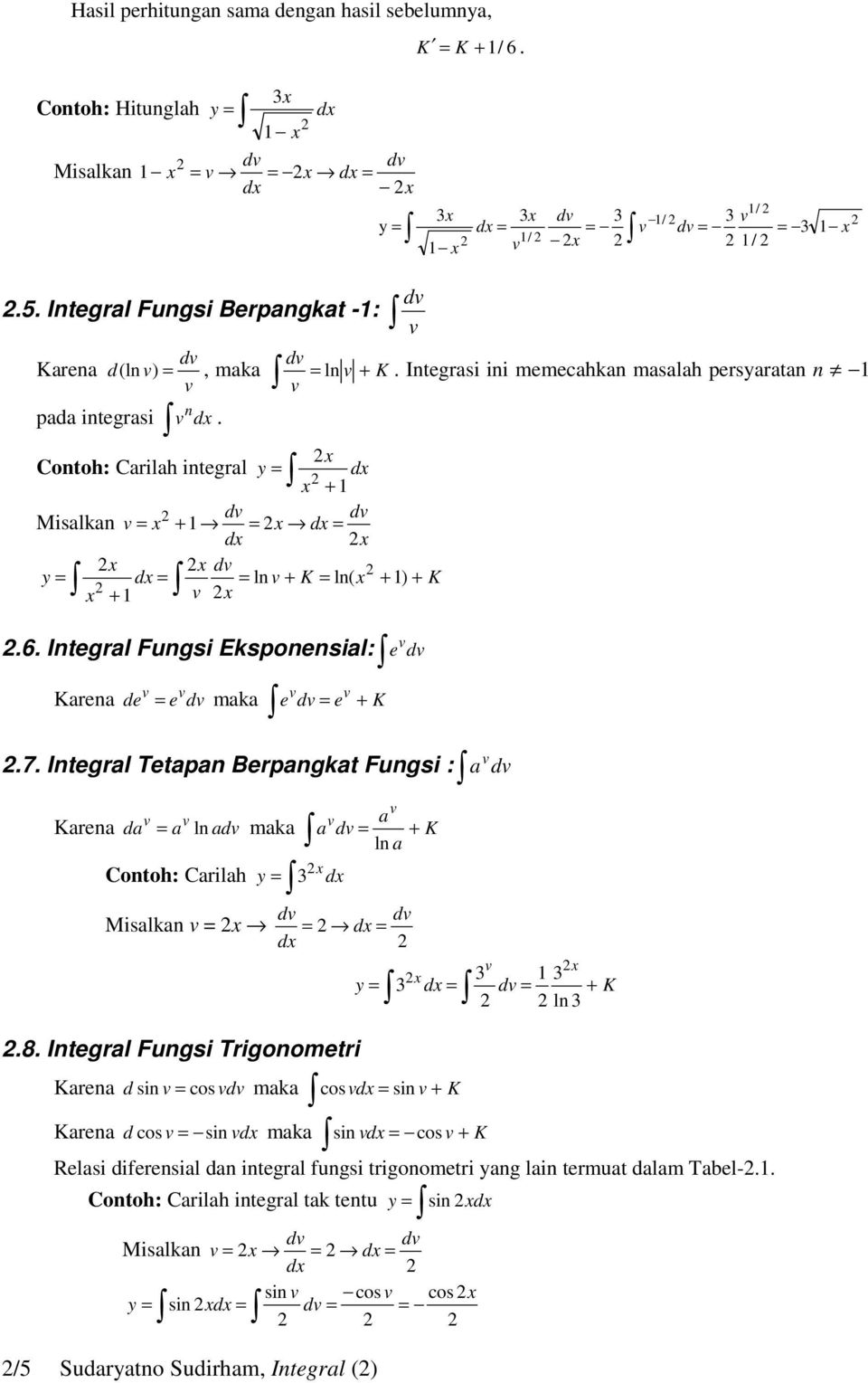 7. Integral Tetapan Berpangkat Fungsi : a a Karena da a ln a maka a ln a Contoh: Carilah /5 Sudaryatno Sudirham, Integral () x y Misalkan x x x y ln.8.
