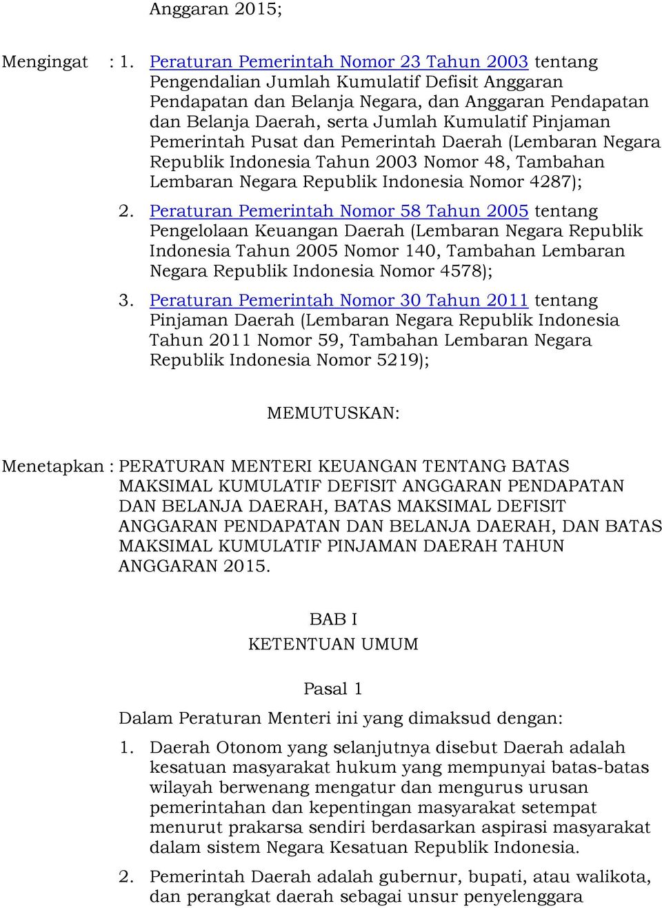 Pinjaman Pemerintah Pusat dan Pemerintah Daerah (Lembaran Negara Republik Indonesia Tahun 2003 Nomor 48, Tambahan Lembaran Negara Republik Indonesia Nomor 4287); 2.