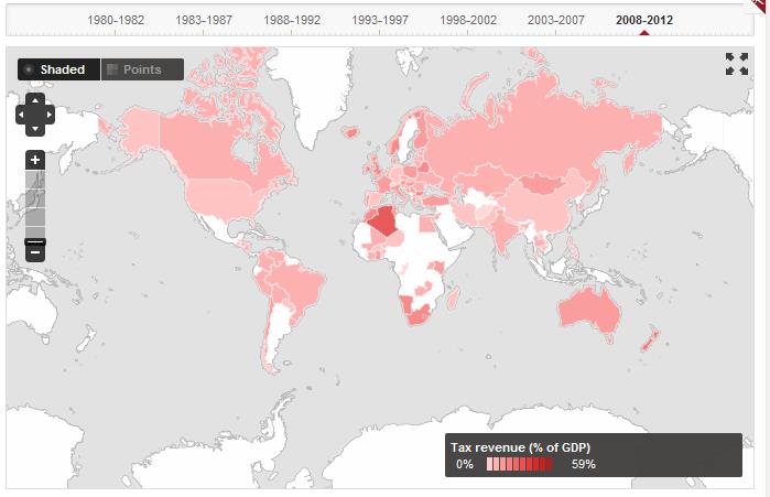 Sumber : World Bank http://data.worldbank.org/indicator/gc.tax.totl.gd.zs/countries?display=map Dalam peta di atas, Indonesia berada di bawah Negara-negara lainnya.