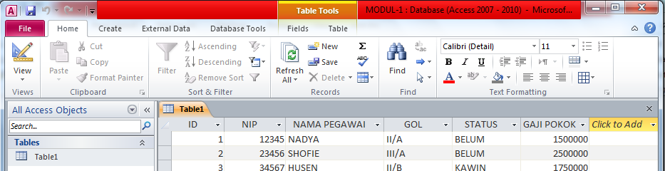 PRAKTEK MODUL-1 1. Membuat File Database : a. Jalankan program Microsoft Access b. Pilih Blank Database c. Klik tombol Open, hingga muncul jendela File New Database d.