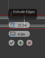 9. Pada jendela Modify, dibawah Edit Edges, pilih tombol kecil yang berada disebelah tombol extrude. 10. Lalu pada Viewport Top masukkan settingan seperti berikut: Height = 0.5m Width = 0.