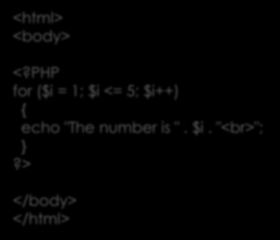 Contoh for Loop <html> <body> <?PHP for ($i = 1; $i <= 5; $i++) { echo "The number is ". $i. "<br>"; }?