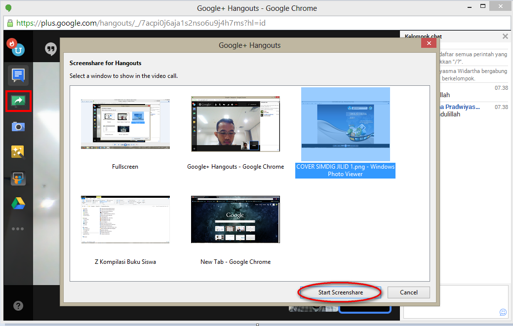 4) Berbagi layar Aplikasi untuk berbagi layar (desktop sharing) antar anggota hangouts dapat